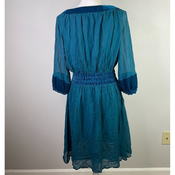 Eley Kishimoto Dress Women Size 4 Teal Blue Silk Sheer Lined Elastic Waist - Picture 5 of 14